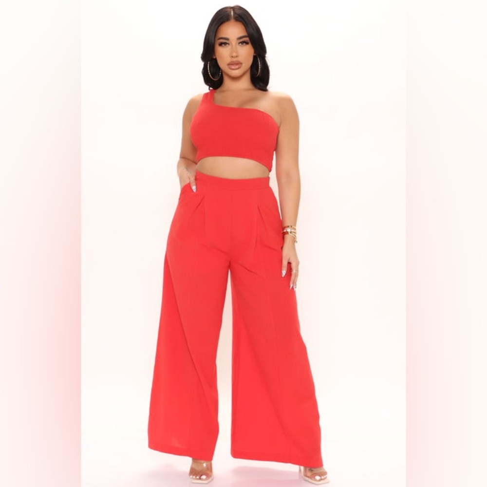 FashionNova Red Wide Leg Linen Pant Set